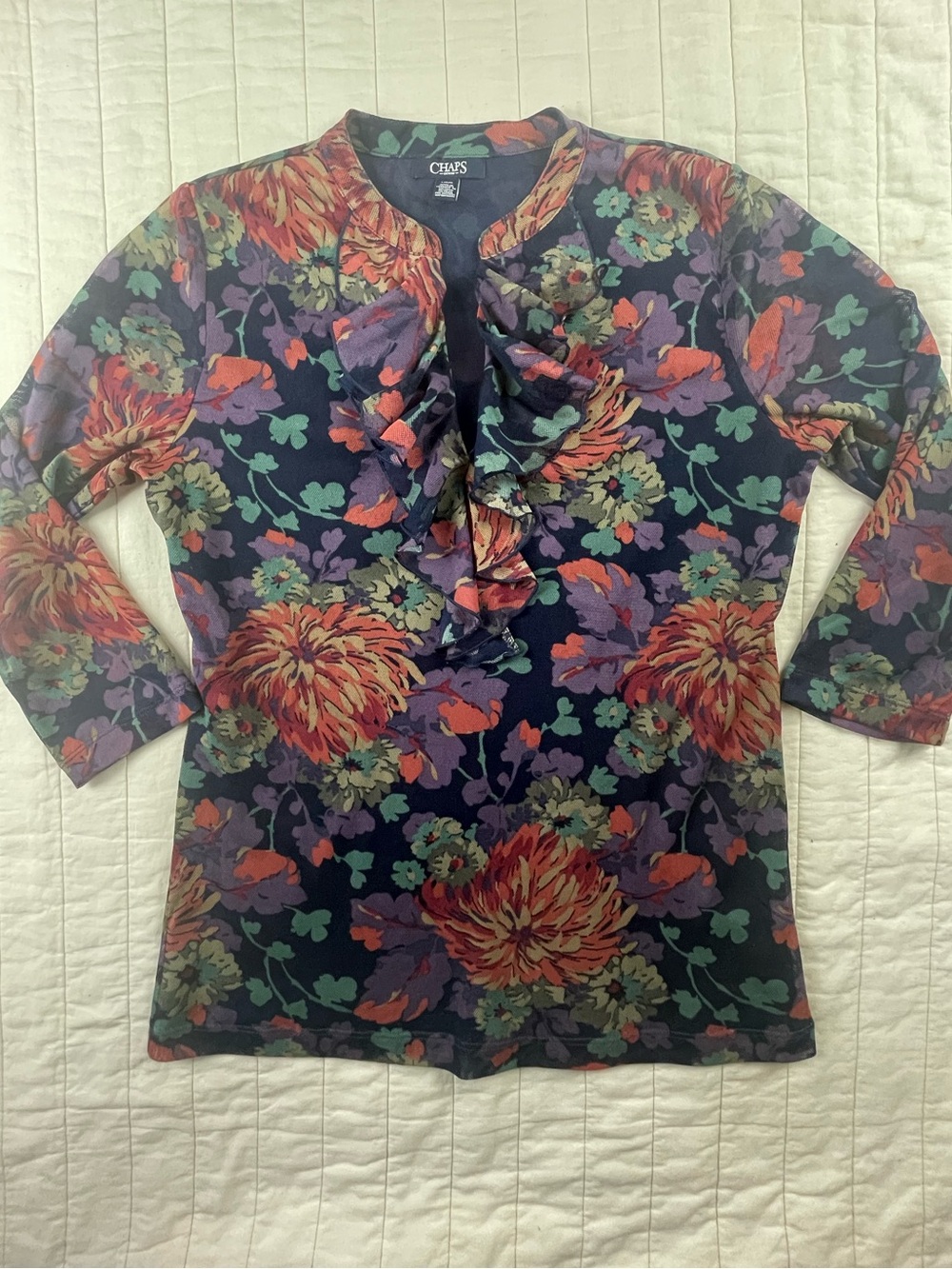 Chaps Navy Floral Ruffle-Neck Mesh Overlay Blouse Large